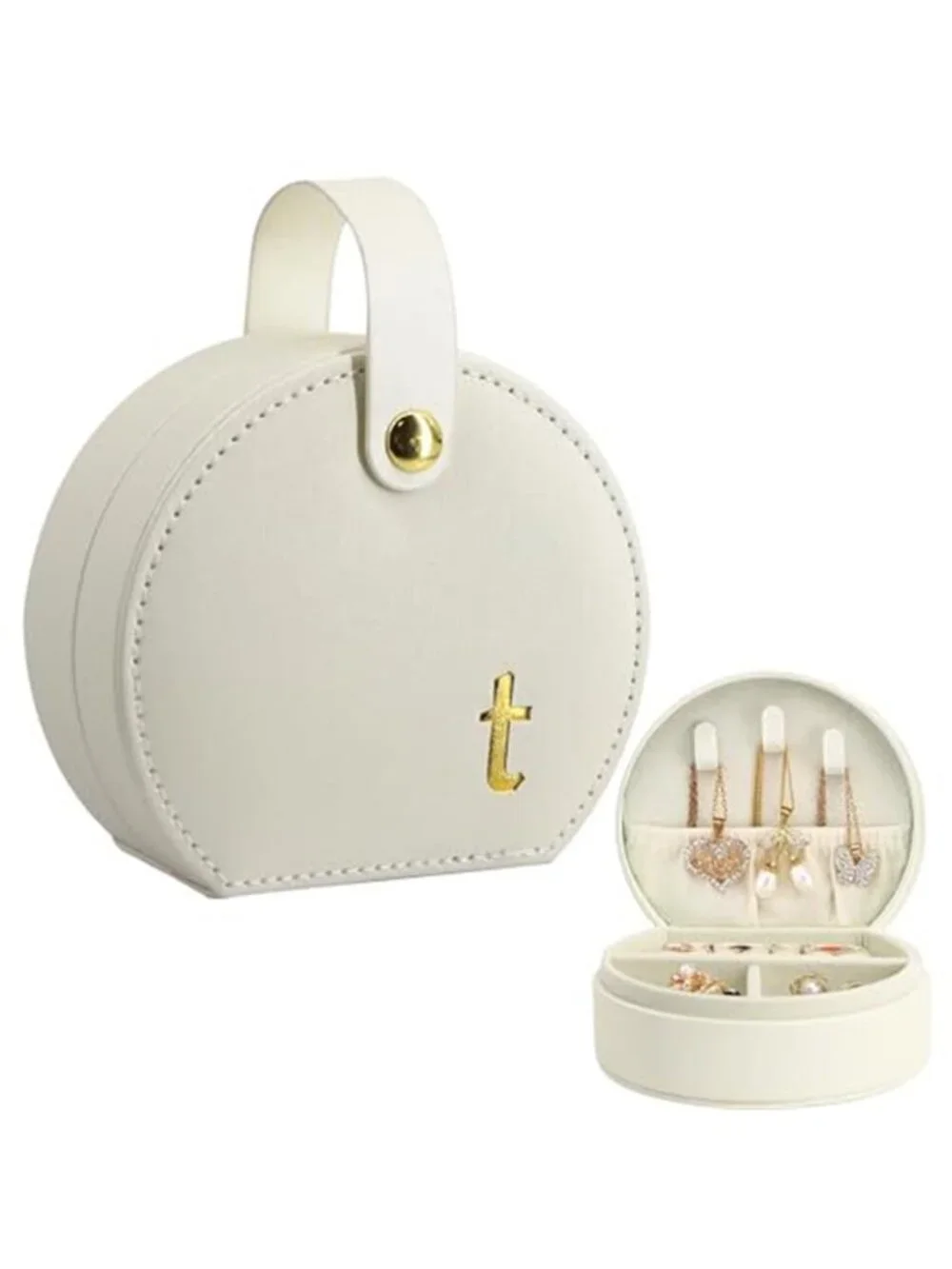 White Half Moon Travel Jewelry Case Gold Monogram Letter T Organizer Clutch